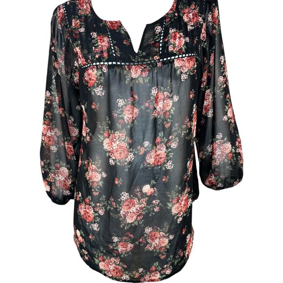 mine Tops - Mine Womens Large Black Floral Sheer 3/4‎ Length Sleeve Blouse